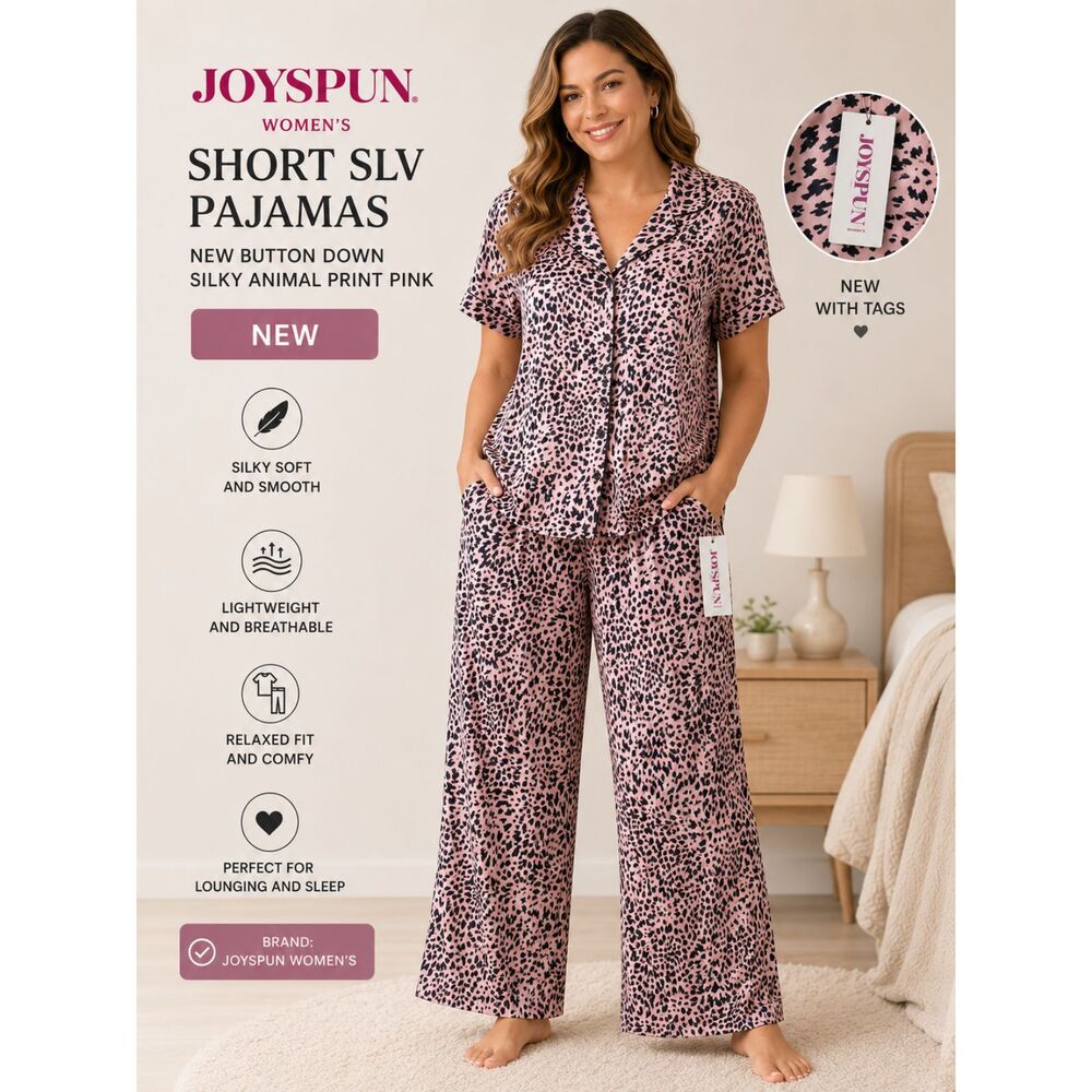 NWT Joyspun Women Short Sleeve Pajama Set L 12-14 Pink Satin Animal Print Slv